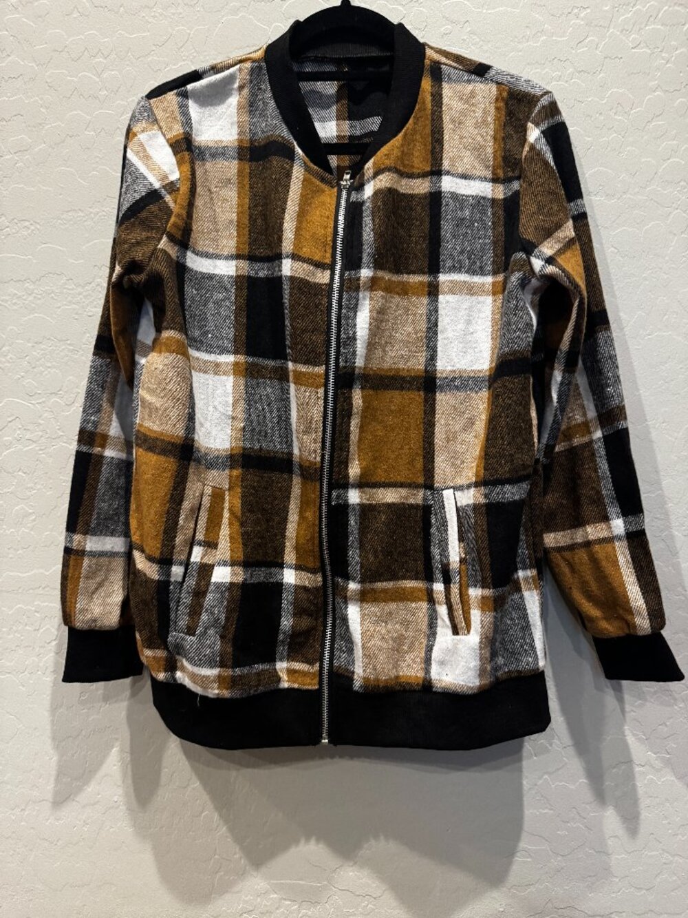 Brown Black Plaid Zip Bomber Jacket ~Size M Oversized (No Size Tag) - Picture 1 of 1